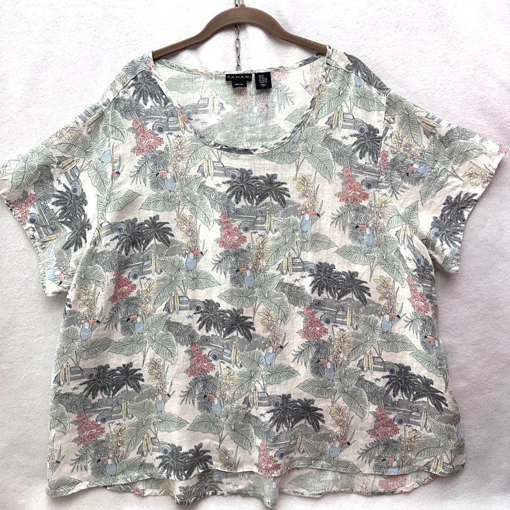 Tahari Womens 3X Linen Tropical Toucan Surfboard Print Short Sleeve Blouse Top